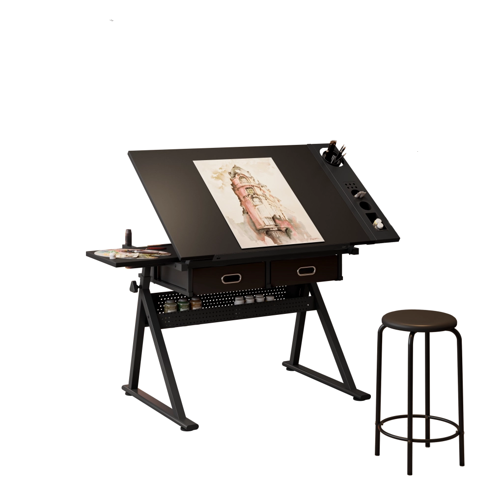 Scrivania da disegno con piano inclinabile, 2 cassetti e sgabello per studio nero
