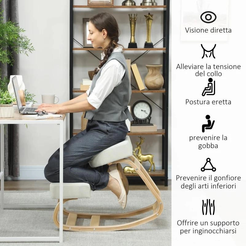 SEDIA ERGONOMICA CON INGINOCCHIATOIO IN LEGNO DI BETULLA E CUSCINO, 51X69X58 CM, CREMA
