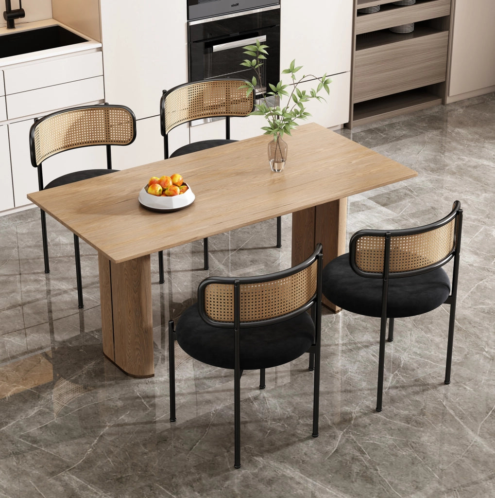 Sedia da pranzo in velluto nero con schienale effetto rattan; gambe in metallo; set da 6