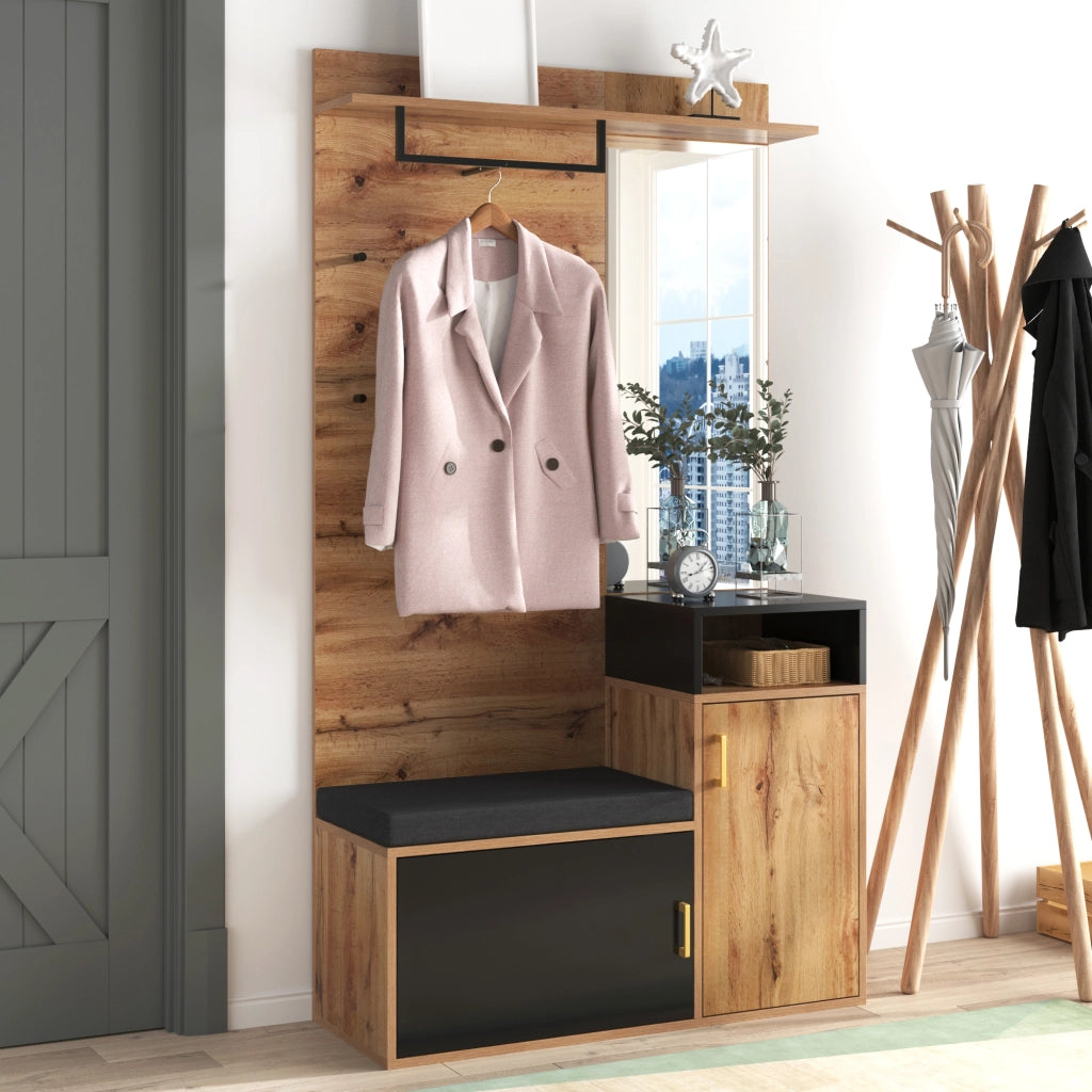 Set mobili da ingresso con specchio, panca scarpiera, appendiabiti da parete, 4 ganci, MDF nero