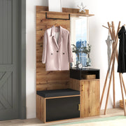 Set mobili da ingresso con specchio, panca scarpiera, appendiabiti da parete, 4 ganci, MDF nero