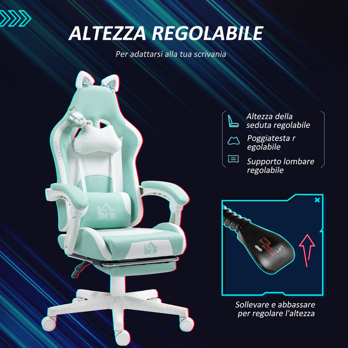 Sedia da Gaming Ergonomica con Orecchie da Gatto Poggiapiedi Retrattile e Schienale Reclinabile 135° Bianco e Azzurro