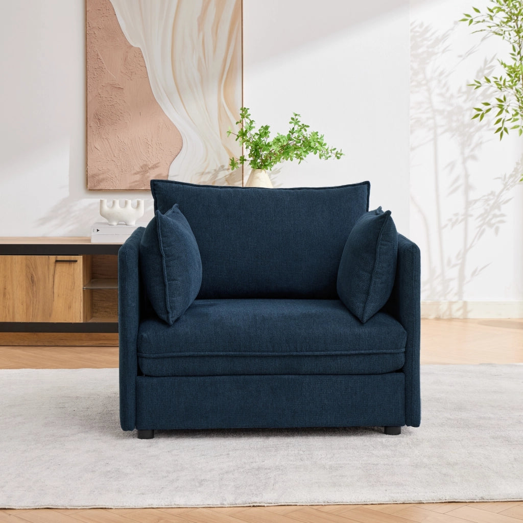 Poltrona lounge modulare in velluto blu con pouf contenitore separato