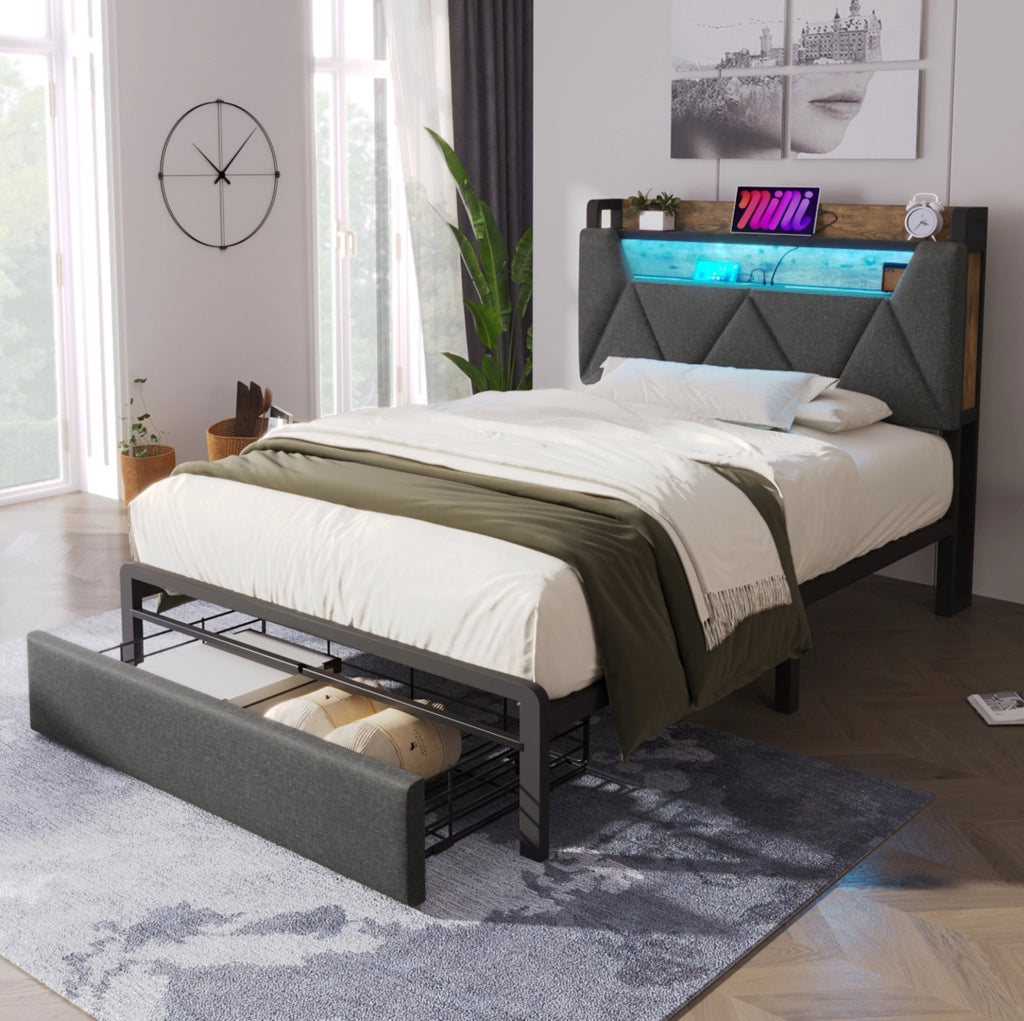 Letto singolo 90x200 cm con LED, USB/Type-C, testiera contenitore e cassetto
