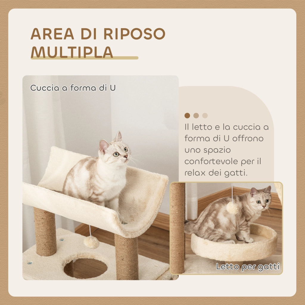 Albero Tiragraffi 60x30x76 cm con Cucce e Pannello in Sisal Marrone Chiaro