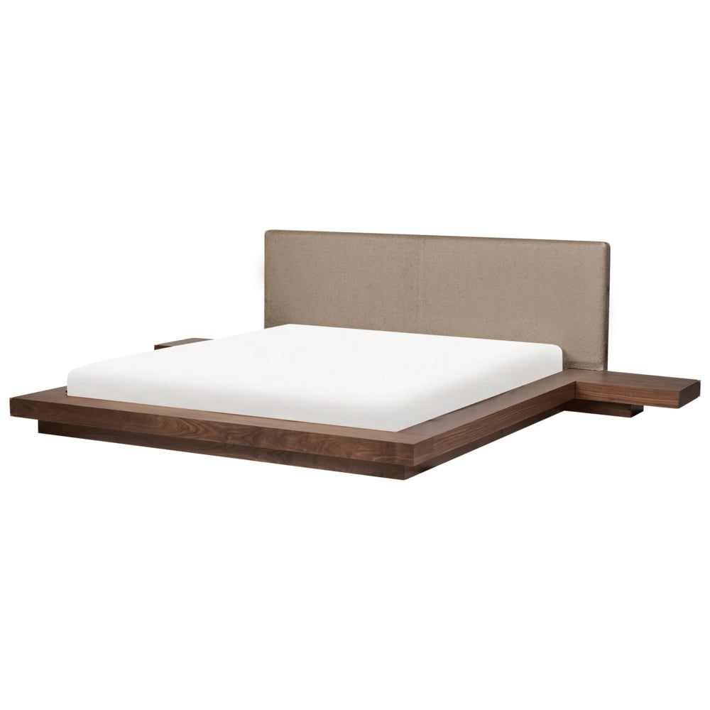 Letto LED in stile giapponese in frassino marrone 180 x 200 cm testata impiallacciata in legno bouclé a basso profilo camera da letto