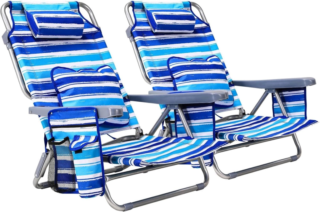 Sedia da spiaggia con funzione zaino, pieghevole con funzione di sdraio, per sabbia, schienale alto, regolabile, con bracciolo, cuscino lombare, poggiatesta tasche laterali, sedia da campeggio