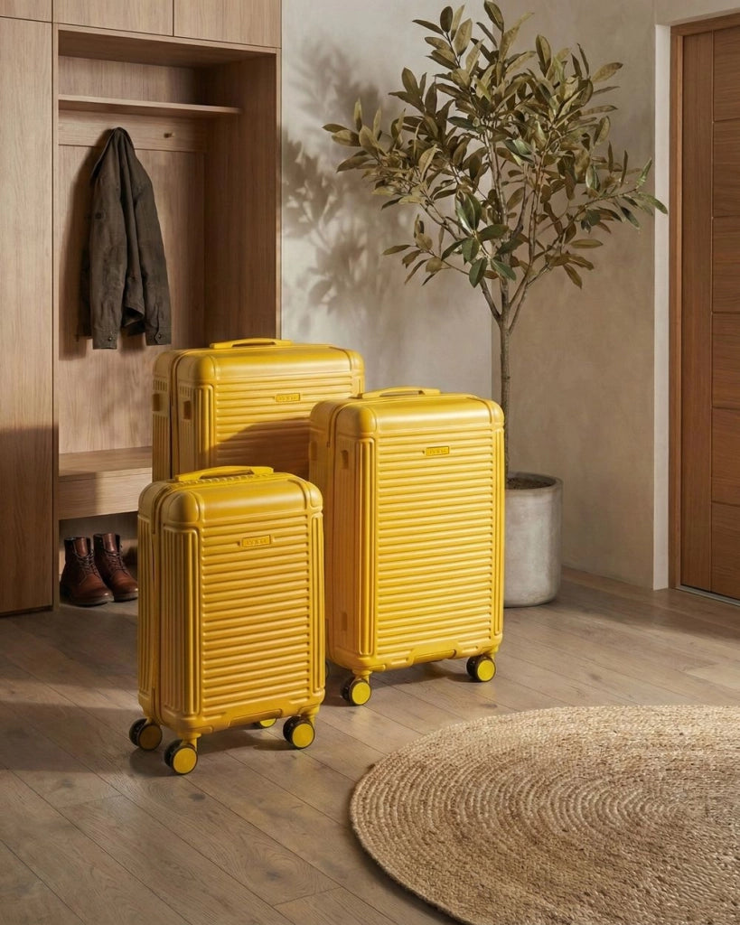 Set di 3 valigie giallo in materiale sintetico con ruote silenziose in ferro e cerniera antifurto 3 misure Lucchetto TSA Comodità