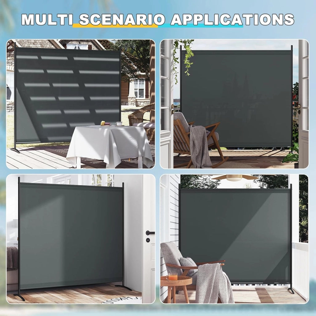 Paravento, divisorio per ambienti, paravento indipendente monoblocco per balconi, camere da letto, giardini, con telaio e staffe in metallo, tessuto rivestito in PA, 180x177 cm, grigio scuro