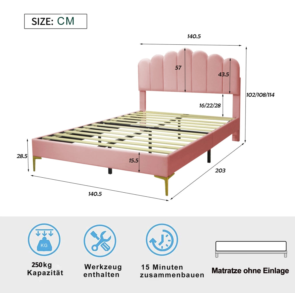 Letto matrimoniale imbottito 140x200 cm in velluto rosa con testiera regolabile