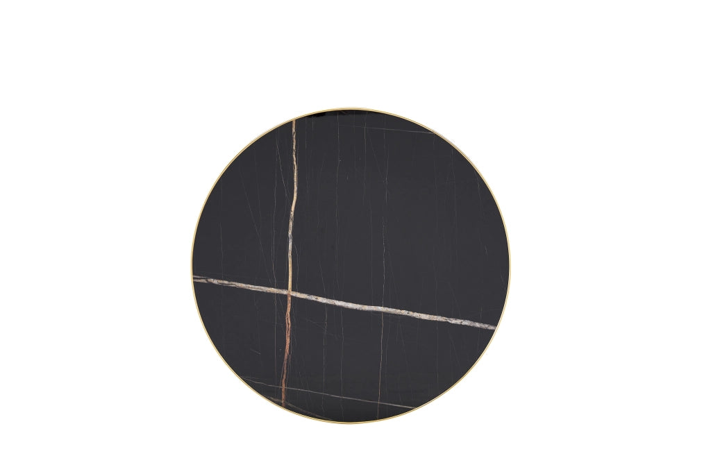 Consolle rotonda in MDF e metallo con piano effetto marmo e bordo dorato, per soggiorno e camera da letto, nero, Ø 60 cm × 73,7 cm