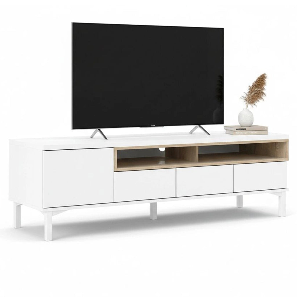 Mobile porta TV Rosata, Credenza da soggiorno, Armadio basso per TV, Base parete attrezzata, 156x48 h48 cm, Bianco e Quercia