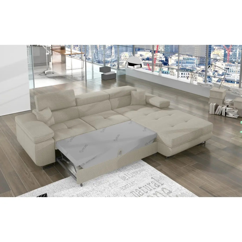 Divano ad angolo convertibile AMANDA beige in velluto a coste con contenitore
