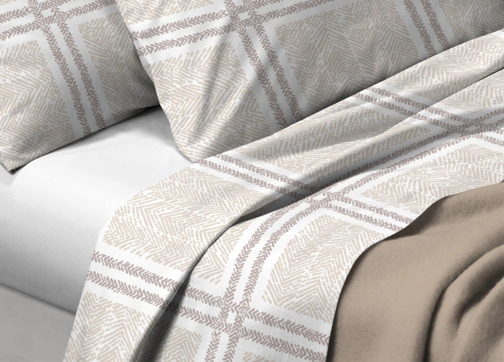 Completo Lenzuola In 100% Cotone  Disegno Tartan Colore Beige Modello O.B. - Singolo - Beige