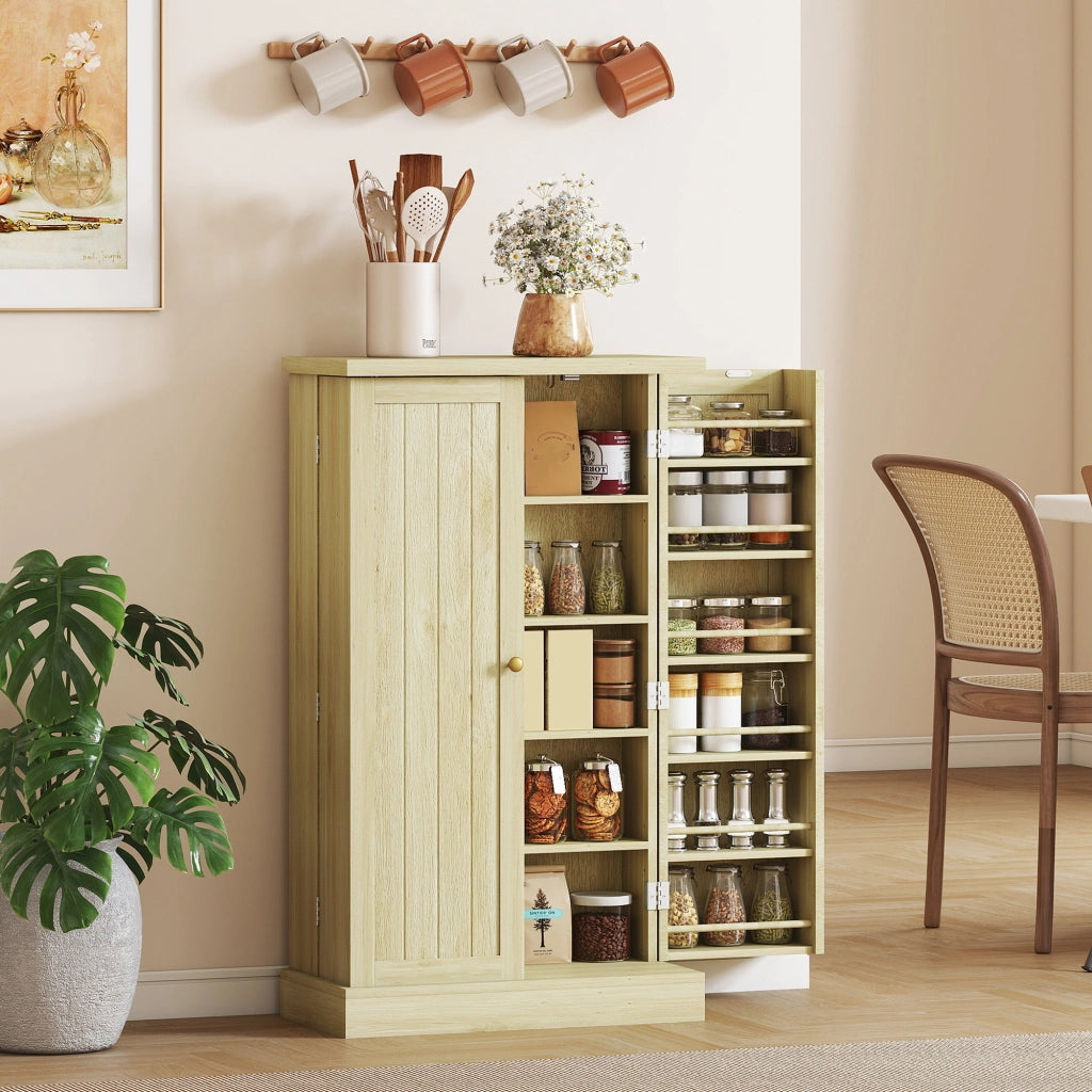 Dispensa 104 cm. 12 rastrelliere spezie. ripiani regolabili. legno naturale.