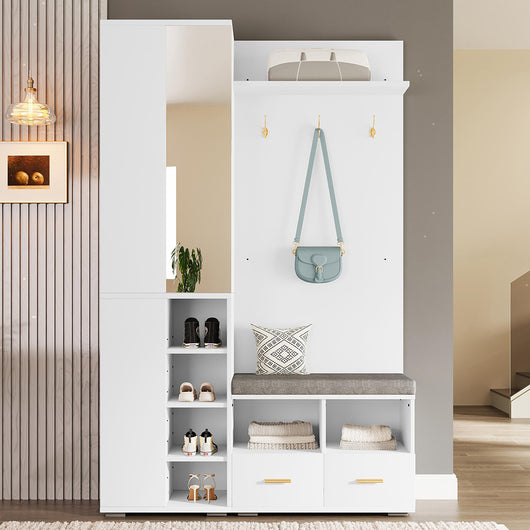 Vestiaire completo con specchio - Xylo - 120x35x190 cm - Bianco - Panca scarpe e 3 ganci