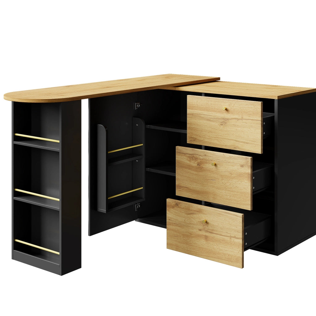 Tavolo bar 138-204x39x104 cm girevole e allungabile con ampio spazio contenitivo in MDF nero