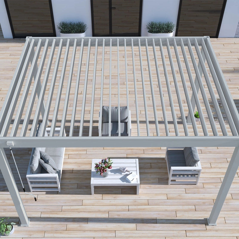 Pergola bioclimatica OmbrÃ©a autoportante VS - 3x4M Grigio perla + 1 tenda 4M bianca