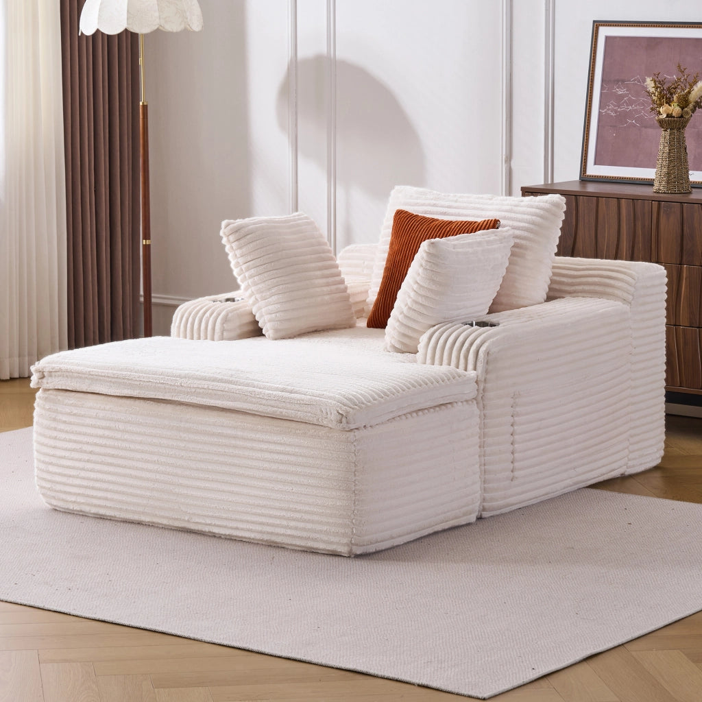 Divano convertibile senza struttura con chaise longue in velluto a coste con 3 cuscini e portabicchieri beige