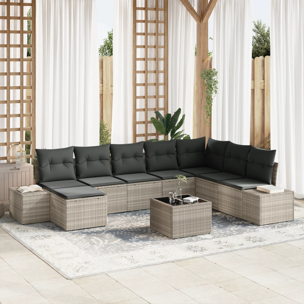 Set di divano da giardino con cuscini grigi in polirattan