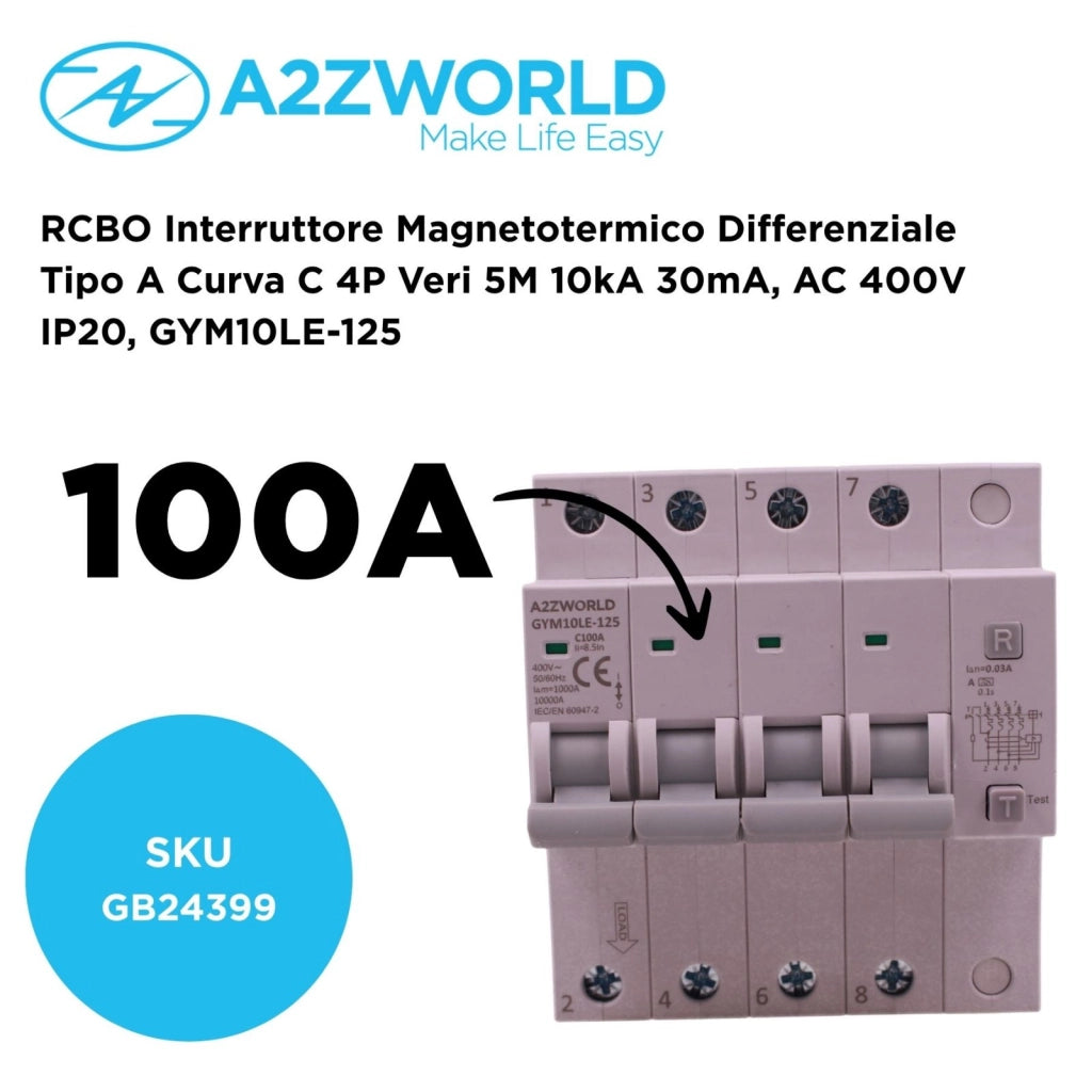 RCBO Interruttore Magnetotermico Differenziale Tipo A Curva C 4P Veri 5M 10kA 30mA, AC 400V IP20, GYM10LE-125, Disponibili 63A 80A 100A (C100A)