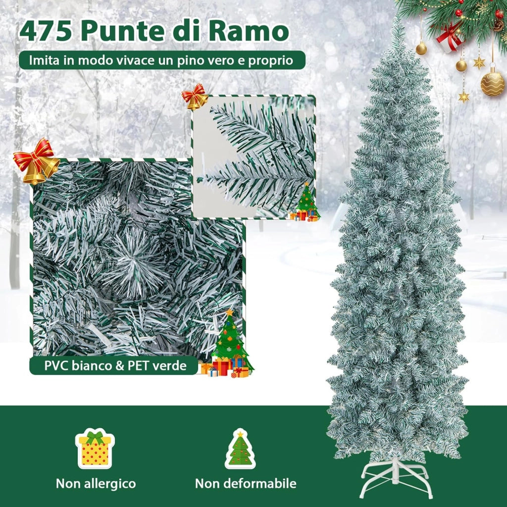 Albero di Natale Slim 150/180 cm, Albero con 190/250 Luci LED Colorate, Base in Metallo Pieghevole, Per Casa e Ufficio (180 cm)