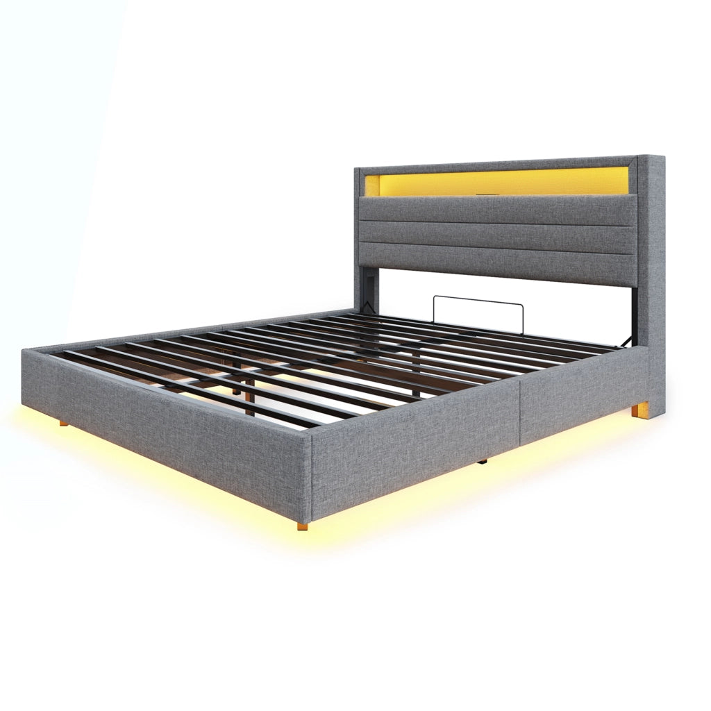 Letti contenitori 140x200 cm; contenitore idraulico con USB e LED; tessuto grigio