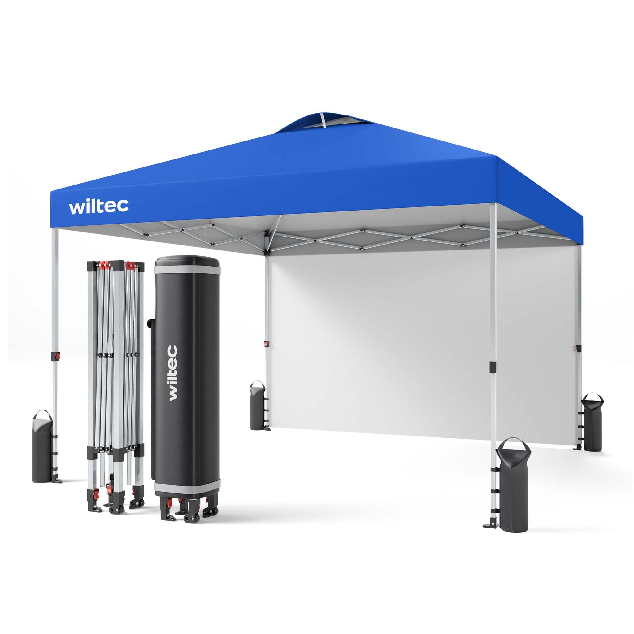 Gazebo pieghevole pop-up blu, 3 x 3 m con parete laterale e ruote