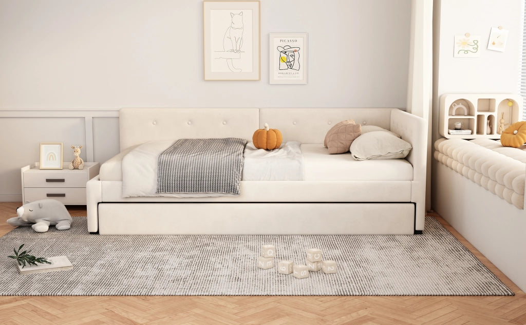 DESMIU Divano letto 90 × 200 cm 1 posto con letto estraibile, senza materasso, in velluto e MDF, beige