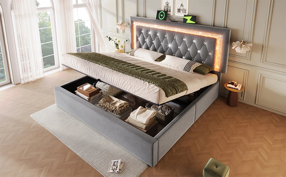 DESMIU Letto contenitore 180 × 200 cm 2 posti con LED, USB e USB-C, senza materasso, in velluto, grigio
