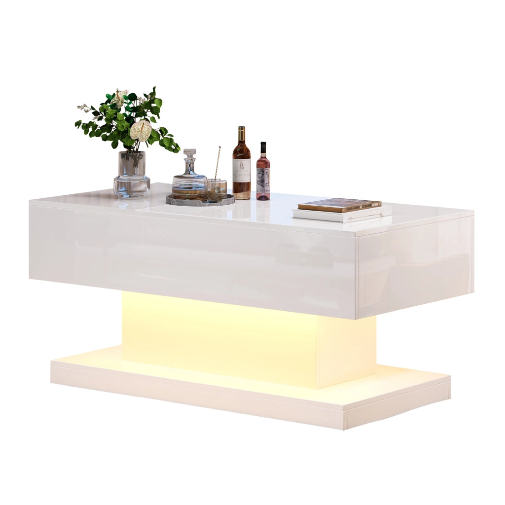 TAVOLO da caffè 100x50x45 cm bianco in pannello di legno con LED e sollevamento idraulico