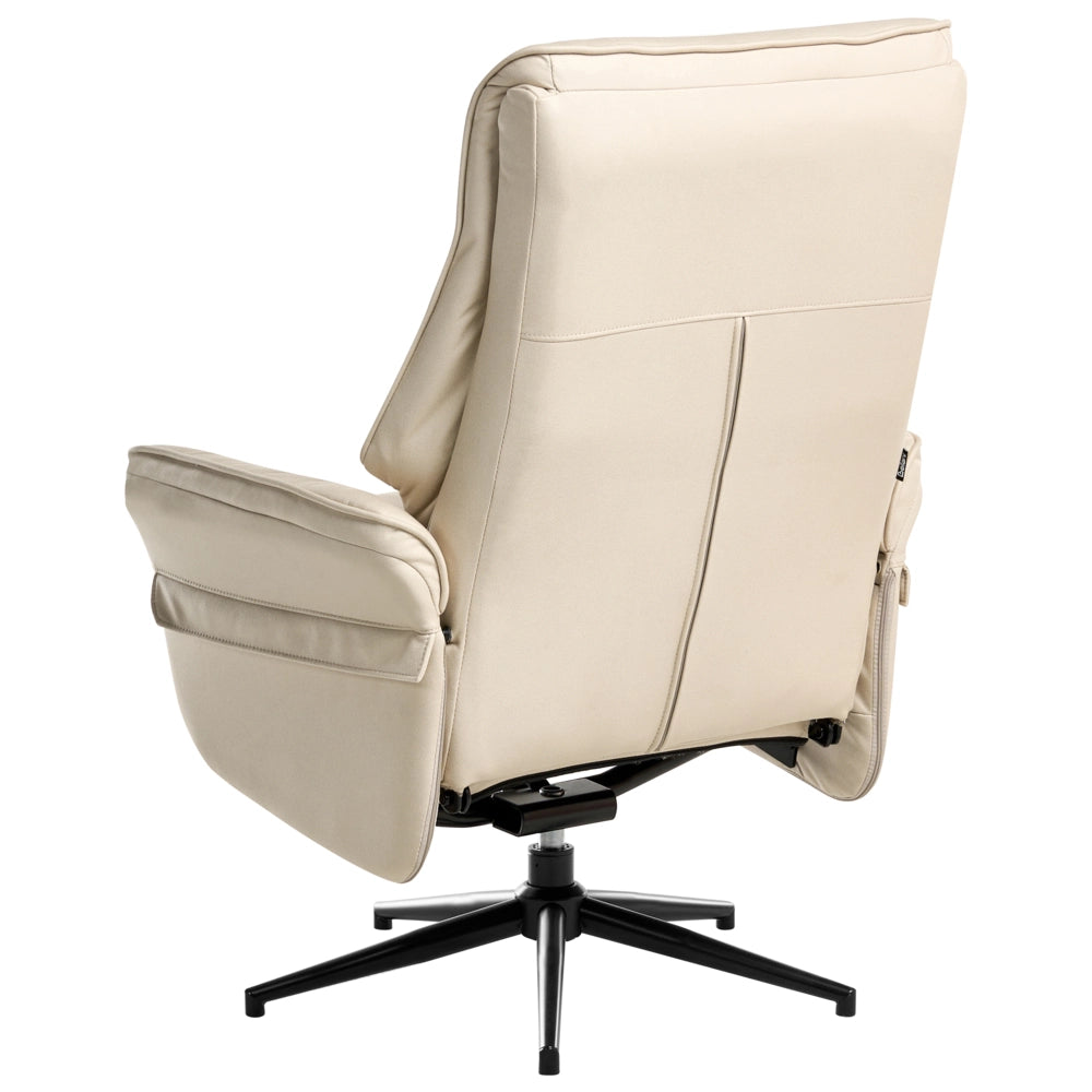 Poltrona reclinabile beige chiaro con poggiapiedi in ecopelle vegana, girevole e imbottita, con struttura in metallo dal design retrò.