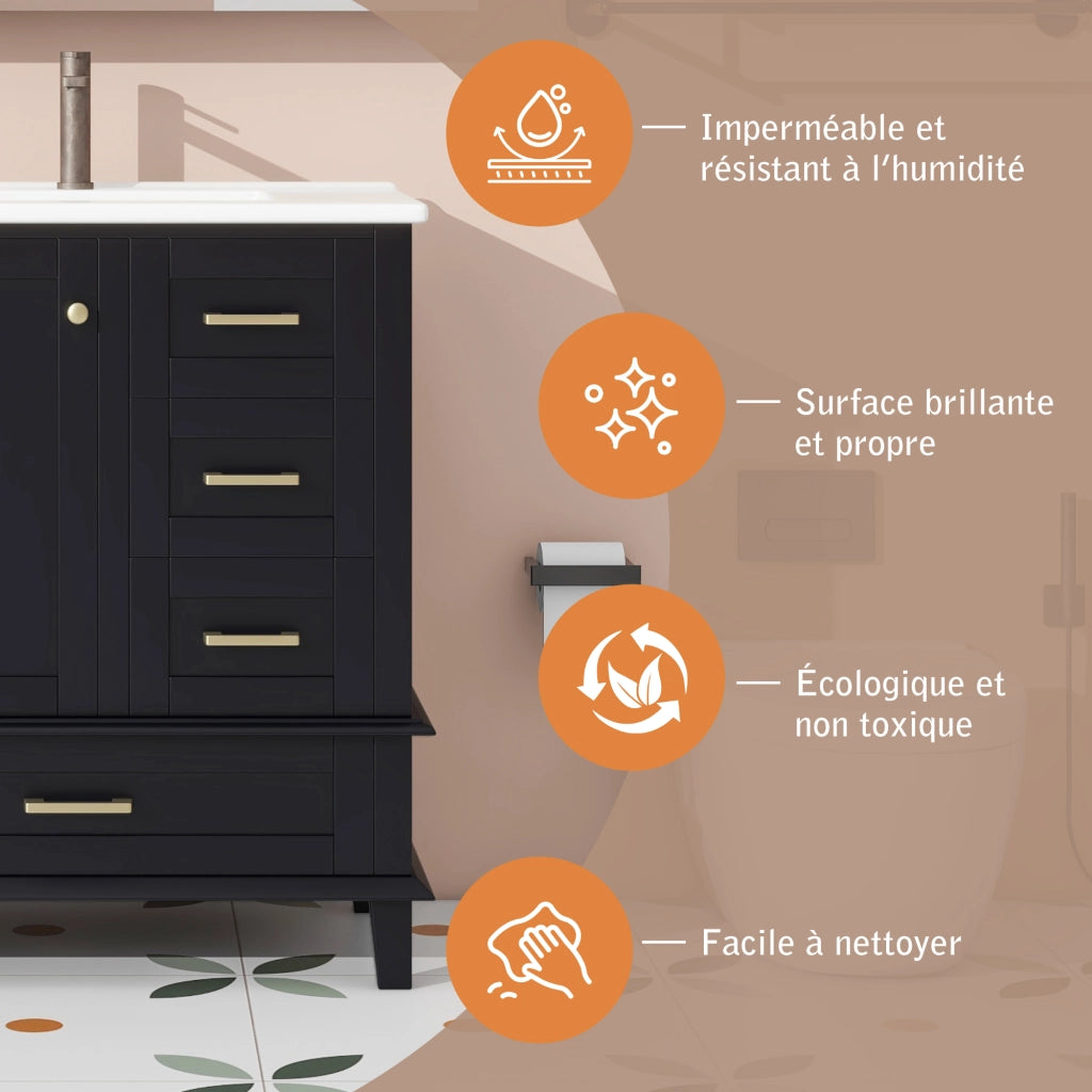 Mobile sottolavabo con lavabo in ceramica, 3 ante, 1 cassetto e ripiano regolabile, per bagno, nero, 76 × 45,5 × 83,5 cm