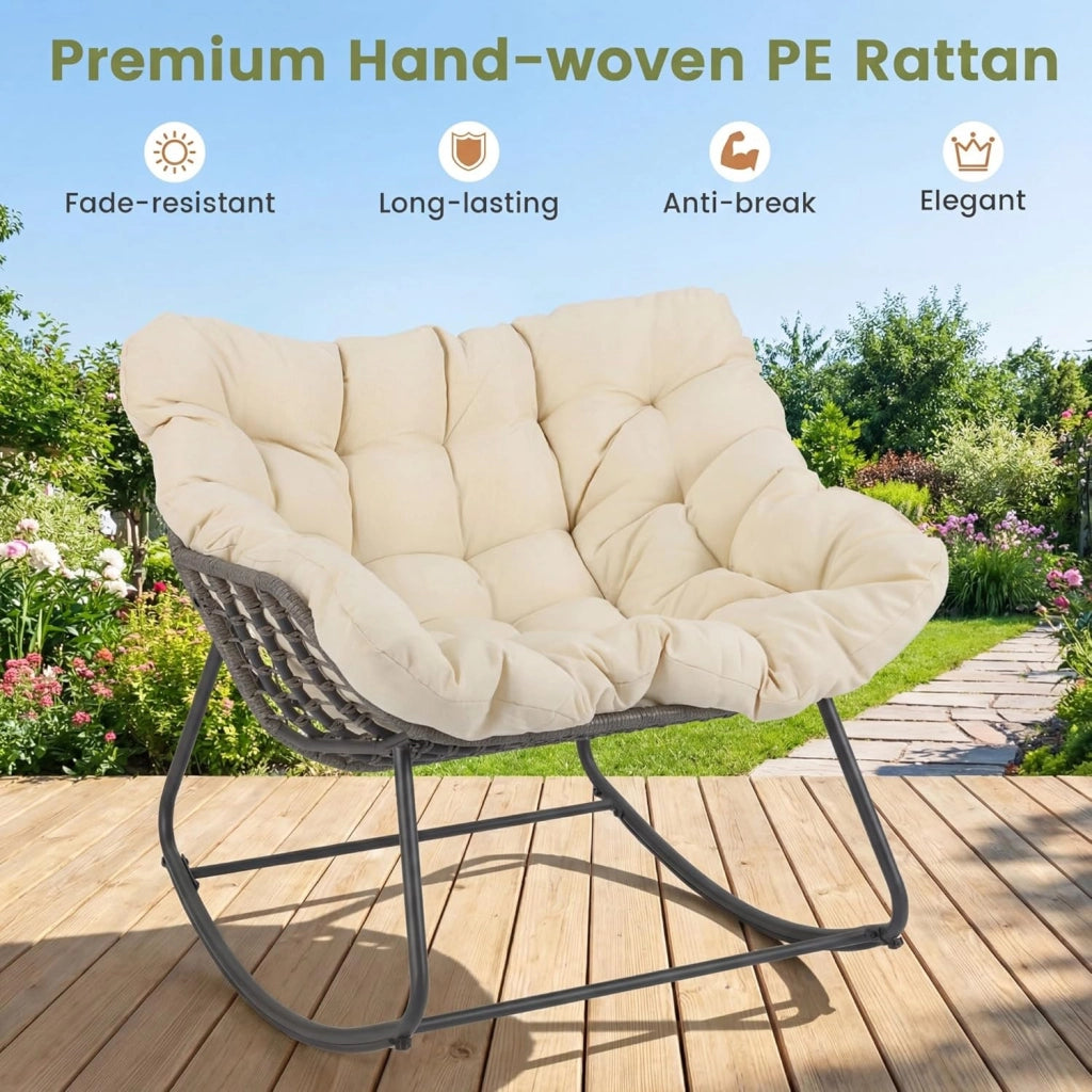 Sedia a Dondolo con Cuscino, Sedia da Relax Ampia e Avvolgente, con Struttura in Metallo, Seduta in Rattan, Cuscino Morbido Imbottito, per Soggiorno, Studio, Balcone, Nero (Beige)