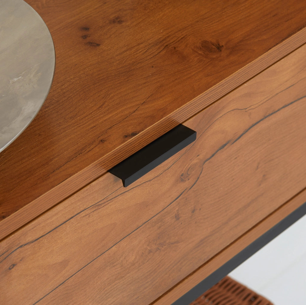 Consolle 80x30x76 cm con cassetto e ampio spazio contenitivo in legno truciolare e metallo naturale