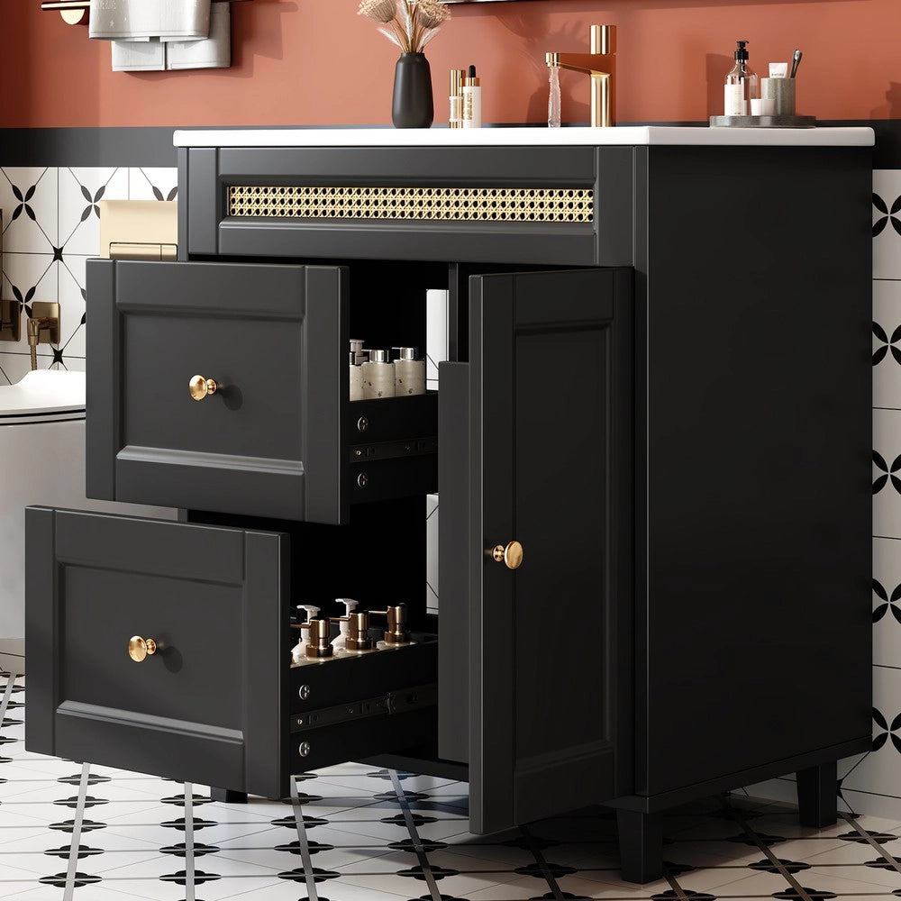 Mobile Sottolavabo con Lavabo in Ceramica ¨C Xylo ¨C Nero, Cassetti, Ante, 76x46x87 cm