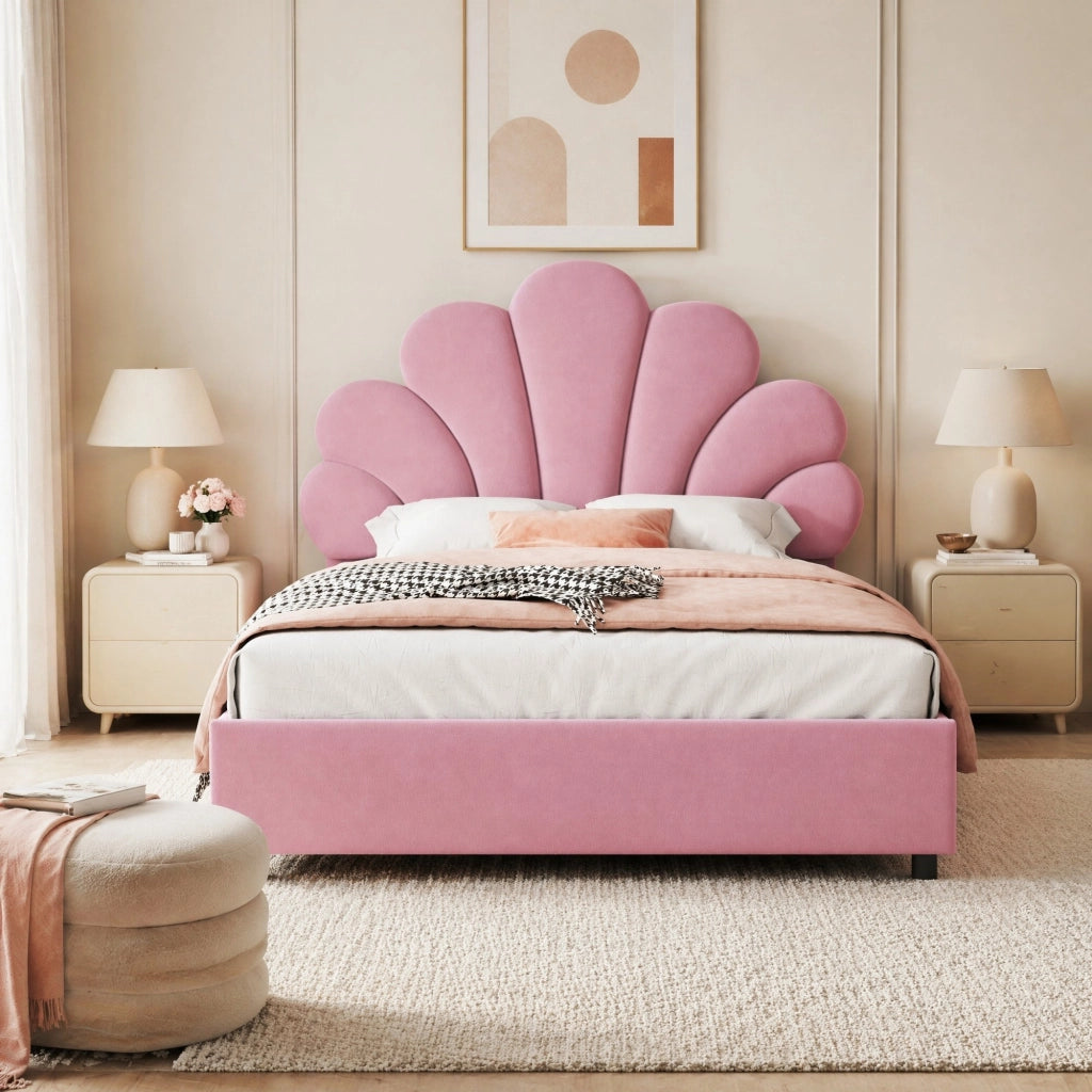Letto singolo imbottito 90x200 cm in velluto rosa con contenitore idraulico e testiera decorativa