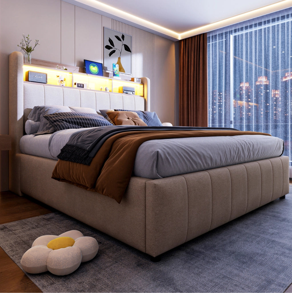Letto imbottito 140x200 cm con LED, USB e contenitore idraulico