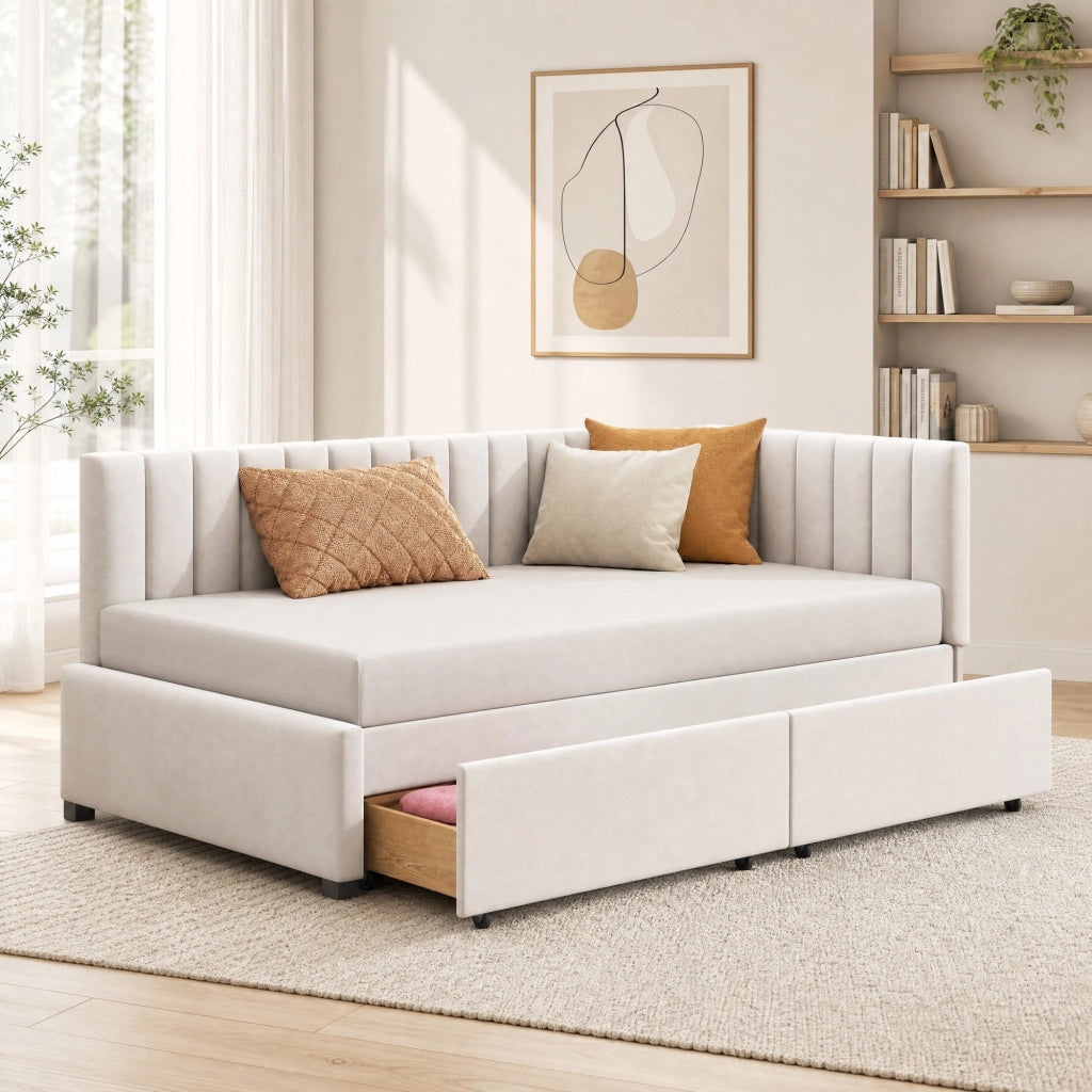 Letto da giorno imbottito 90x200 cm con 2 cassetti e rete a doghe; velluto beige