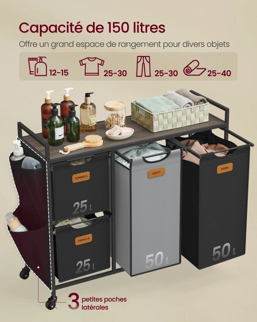 Cesto portabiancheria 4 scomparti 150 litri ruote carrello con ripiani sacco tasche laterali 6 etichette nero 12_0006658