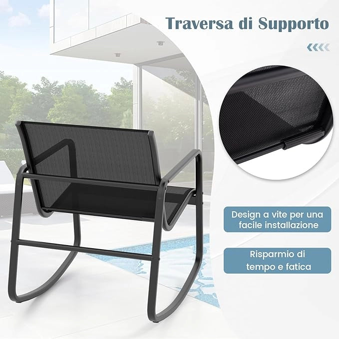 Set da Giardino 4 Pezzi in Tessuto Textilene, Set da Bistrò da Patio, Set tavolo e sedie con Tavolino in Vetro, 2 Sedie e Divanetto a Dondolo, per Giardino Coltile (Nero)