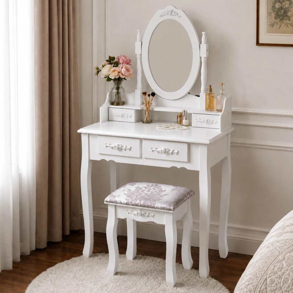 Tavolo da trucco KADAX con specchio e sgabello, bianco, 75x147 cm