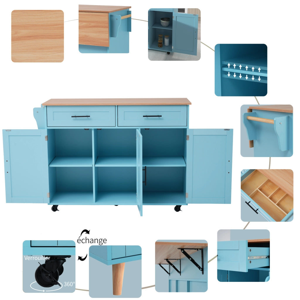Carrello da cucina con piano pieghevole, 129x71x91,5 cm, blu, con cassetti, ripiani regolabili e ruote