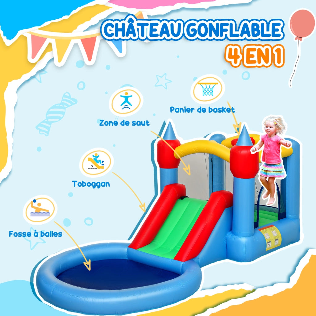 Casetta gonfiabile con scivolo, canestro e piscina di palline ¨C zephmum ¨C 415x205x190 cm