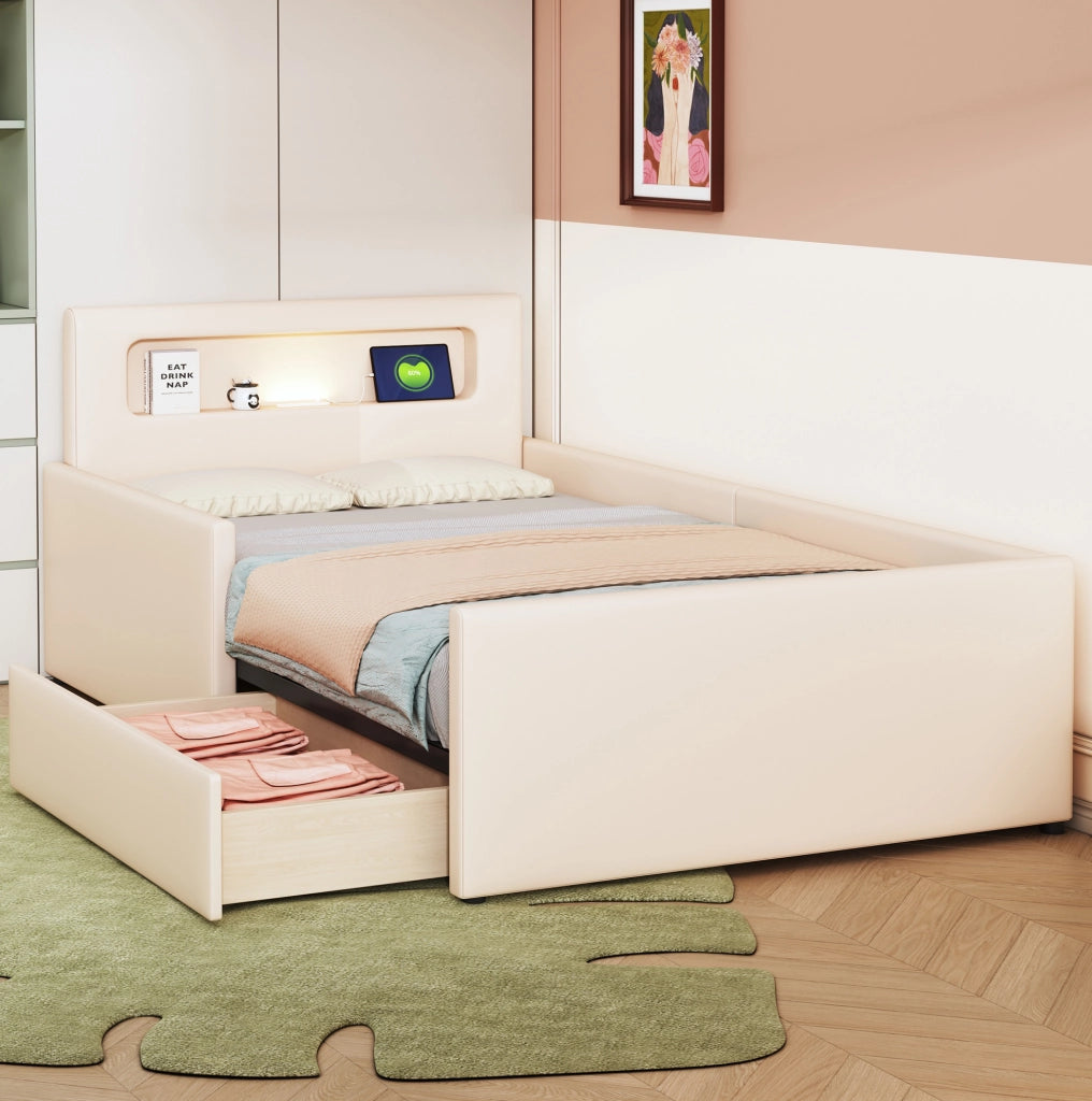 Letto singolo imbottito per bambini 90x200 cm beige con LED e USB