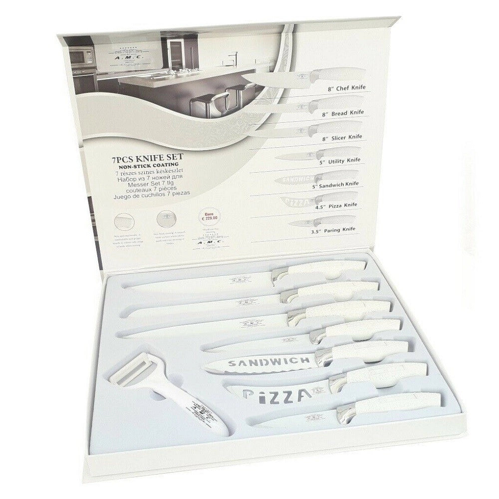 Trade Shop - Set 7 Coltelli Da Cucina In Acciaio Manico Antiscivolo Piu Pelapatate White -