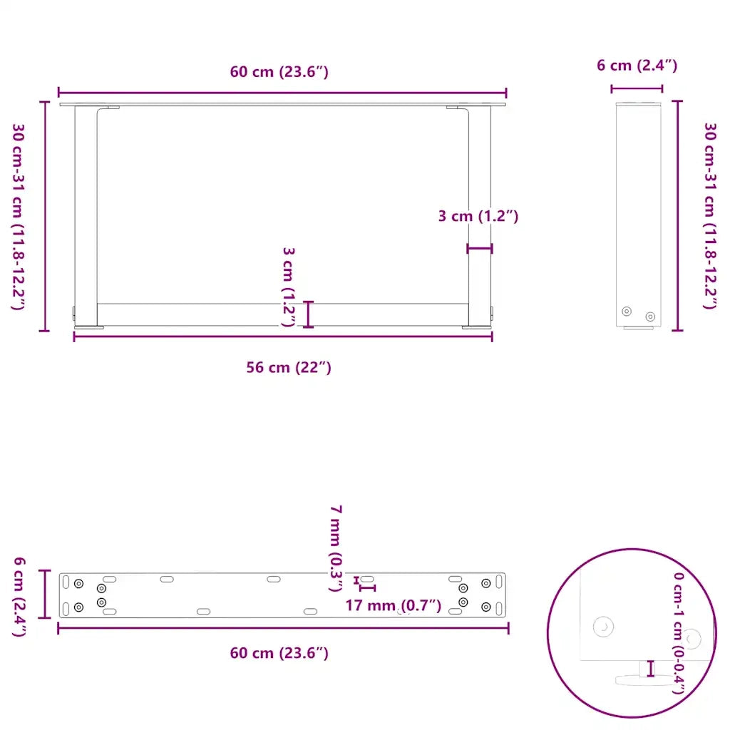 Gambe per Tavolino da Caffè a Forma di U 2 pz Acciaio Naturale 60x(30-31) cm Acciaio 4013143