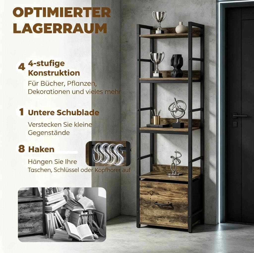 Libreria stretta 4 ripiani con cassetto e 8 ganci