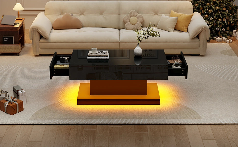 Tavolino da Caff¨¨ con LED e 2 Cassetti ¨C MINIMAL ¨C Nero Lucido, 100x50x45