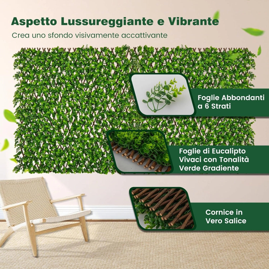 Pianta Finta da Esterno ed Interno, Pianta Artificiale per Decorazione Festa e Matrimonio da Salotto, Balcone e Giardino, Siepe Artificiale ed Estensibile (Vimini di eucalipto verde)